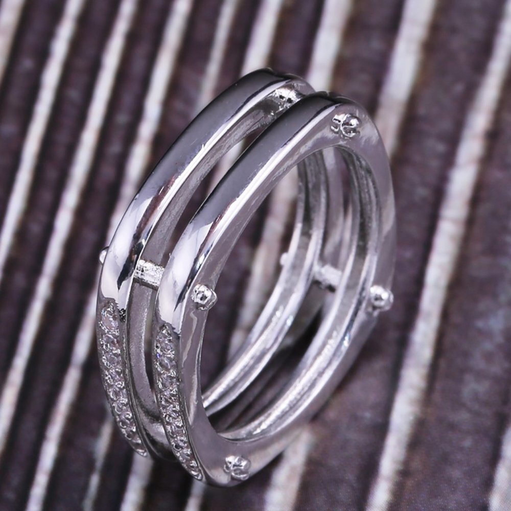 ▶Square Glitter Zircon Double Layer Silver Plated Ring for Men, L187 - Picture 2 of 6